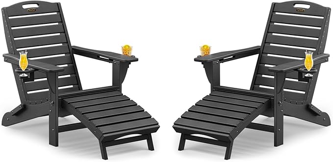 Folding Adirondack Chairs Set of 2,HDPE Adirondack Chair with Retractable Ottoman,Weather Resistant Patio Chair,Outdoor Chairs Set of 2(Black)