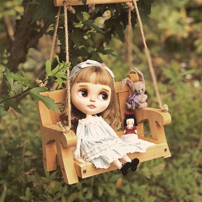 2pk Cedar Swing Birdfeeder,Traditional Regency Seat Style, Solid Wood Hand Curve Cutting, Rustic Proof Metal Mesh Tray, Bird Feeder for Outside, BJD Dolls Swing