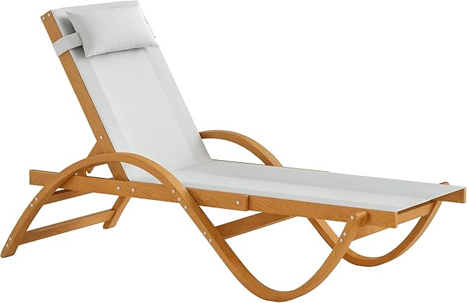 Outsunny Larch Wood Lounge Chair, 4-Level Adjustable Tanning Chair, Full Flat Patio Lounger with Mesh Seat, Outdoor Sun Chaise for Patio Beach, Cream White