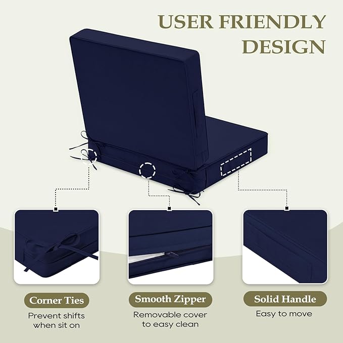 Wellsin Outdoor Cushions for Patio Furniture, Waterproof Outdoor Seat Cushions with Ties and Handle, Outdoor Cushions 24 X 24, Outdoor Deep Seat Cushions with Removable Cover, Navy
