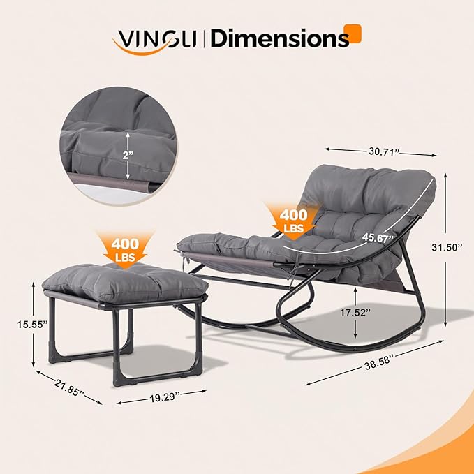 VINGLI Outdoor Rocking Chair with Ottoman, Comfortable Cushioned Lounge Chair for Indoor & Outdoor, Supports 400 LBS, Grey