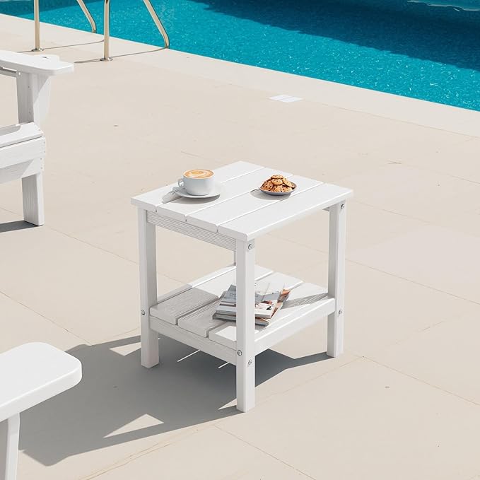 SERWALL 2-Tier HDPE Outdoor Side Tables Set of 2, Weatherproof Rectangular Adirondack Side Table, White
