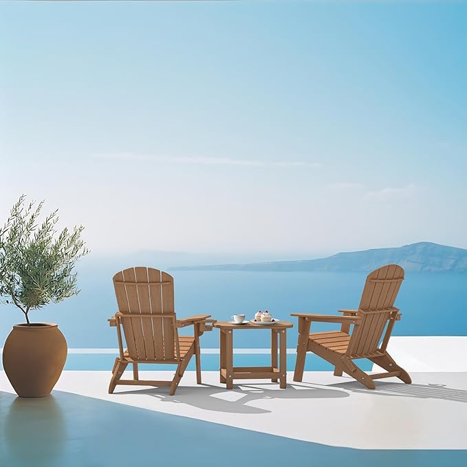 Plawdlik Folding Adirondack Chair Set of 2,Cup Holder,SGS Tested, Wooden Textured,Heavy All-Weather HDPE Comfortable Set,Poolside Backyard Lawn Use,Teak