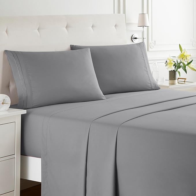 Clara Clark Bed Sheets, Premier 1800 Series Bed Sheet Set, Deep Pocket, Wrinkle, Fade, Stain Resistant, Luxury Soft Bedding Sheets & Pillowcases, King, Frost Grey