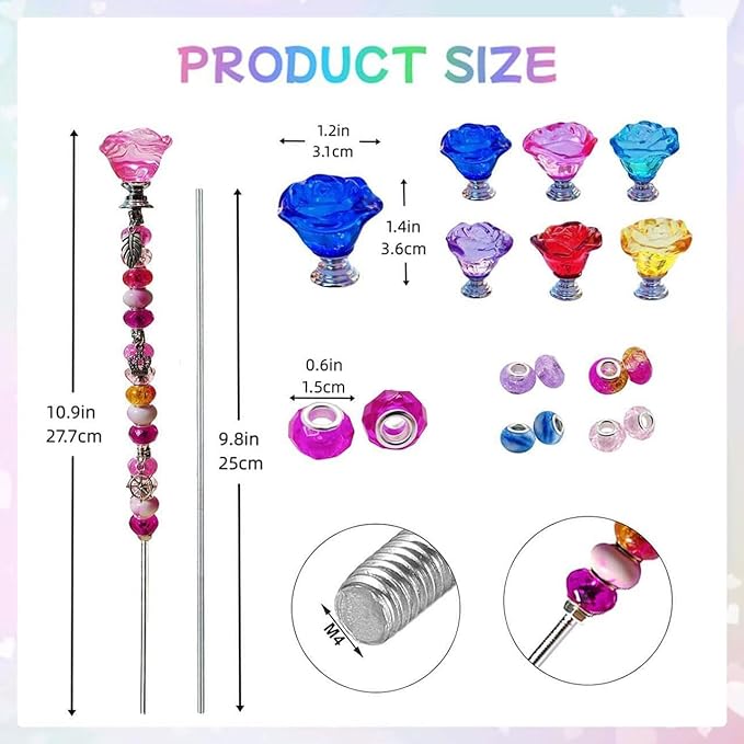 140Pcs DIY Fairy Wand Beaded Garden Stakes Kit Fairy Wands Kit for Different Festivals Fairy Garden Accessories Outdoor Fairy Garden Stakes Decorative (Rose)