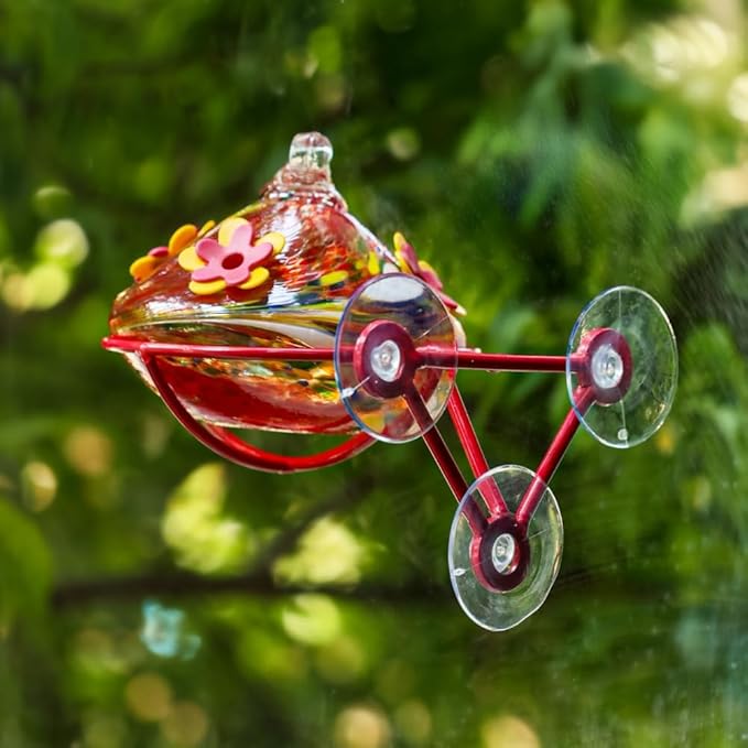 Window Hummingbird Feeder - Hand Blown Glass Mounted Hummingbird Feeder with Strong Suction Cups for Outdoor Window Mount (Red)