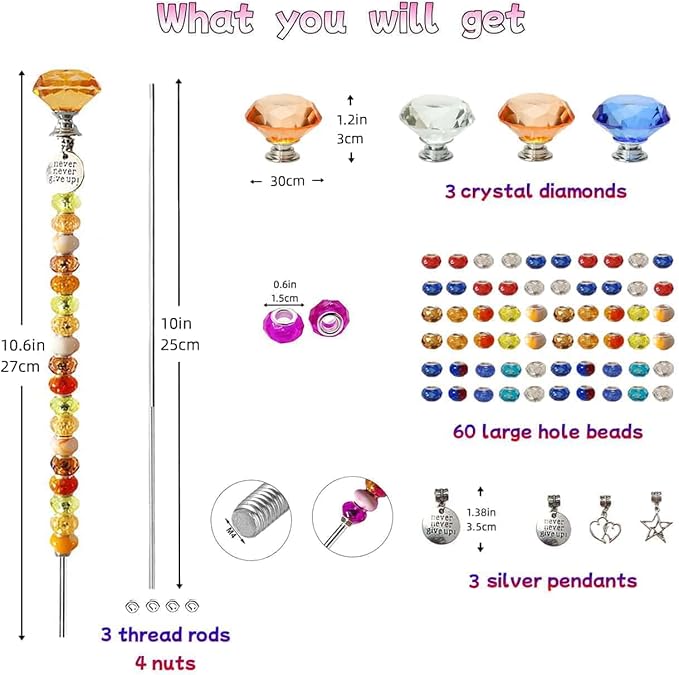 72Pcs DIY Garden Stakes Decorative Beadable Items for Different Festivals Fairy Wand Beaded Garden Stakes Kit Fairy Garden Accessories Outdoor, Diamond-(Orange+Blue+Whit)