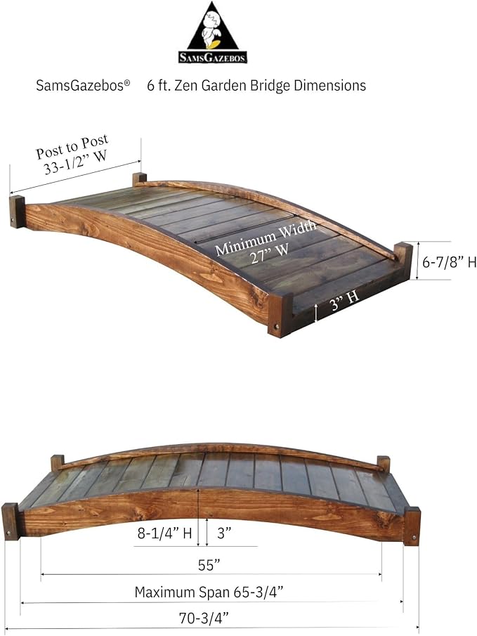 SamsGazebos Zen Japanese Style Wood Garden Bridges, 6', Brown