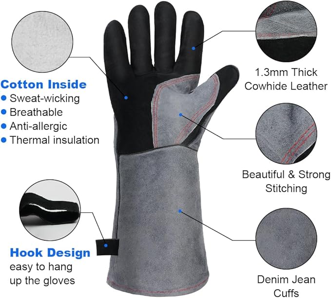 AUAUY Heat & Fire Resistant Gloves Leather BBQ Gloves Wear Resistant Heavy-Duty Welding Gloves for Grinding,Baking,Gardening
