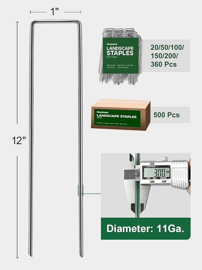 GROWNEER 100 Pack Landscape Staples 12 Inch 11 Gauge Heavy Duty Hot-Dip Galvanized Steel Garden Stakes U-Shaped Weed Barrier Spikes Metal Ground Pins for Lawn and Yard Landscaping