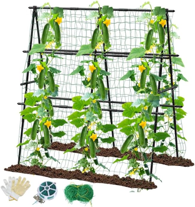 Trellis for Climbing Plants Outdoor, 47''X47'' A-Frame Cucumber Trellis for Raised Bed with Climbing Net, Garden Trellis for Climbing Plants for Cucumber,Tomato, Grapes and Flowers