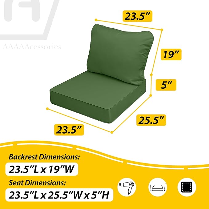 AAAAAcessories Outdoor Deep Seat Cushions, Waterproof, Fade-Resistant Patio Furniture Replacement Cushions, 23.5" x 25.5" x 5" + 23.5" x 19", Set of 4, Dark Moss Green