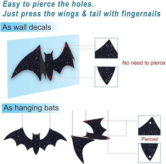 Halloween Decorations Outdoor: 10Pcs Hanging Bats Stickers Wall Decals Window Sticker, Large 3D Bats with glitter Removable Halloween Yard Front Door Porch Decoration Party Gothic Decor Indoor