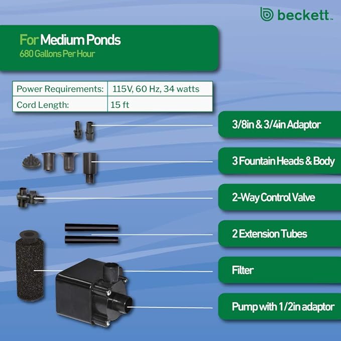 Beckett FR680 Pond Pump Set Submersible Water Pump, Pond Pumps for Outdoor Ponds, Maximum Flow of 680 Gallons Per Hour, Black