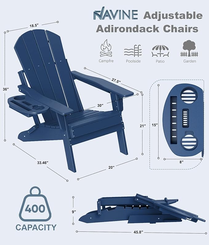 Adjustable Adirondack Chair Set of 8 with Cup Holder, All Weather HDPE Fire Pit Chairs for Deck, Backyard, Patio, Navy Blue