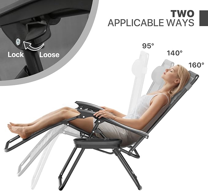 Magshion Zero Gravity Lounge Chair, Adjustable Folding Recliner with Cup Holder Side Tray & Removable Headrest Pillow, Portable Outdoor Patio Lounger for Camping, Beach, Lawn, Backyard, Grey