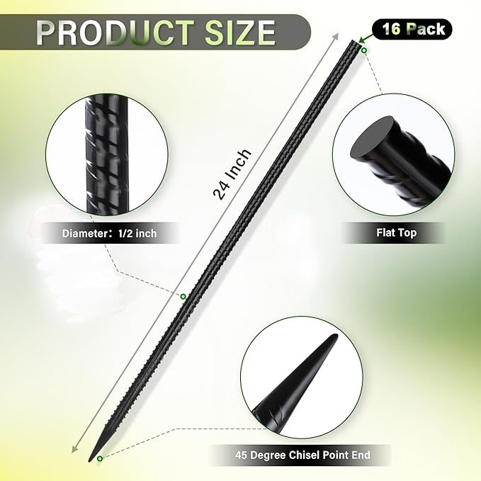 24 Inches Rebar Stakes(16pcs) Heavy Duty Straight Metal Ground Anchors with Chisel Point Ends for Timber,Concrete,Plant Support,Camping Tents,1/2 Inch Thickness Garden Stakes,Black