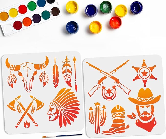 MAYJOYDIY 2pcs Western Cowboy Tribal Stencils 11.8×11.8inch Large Cowboy Boots Hat Cow Skull Stencils with Paint Brush Square Cowboy Theme Drawing Template for Wood Canvas Furniture Craft Decor