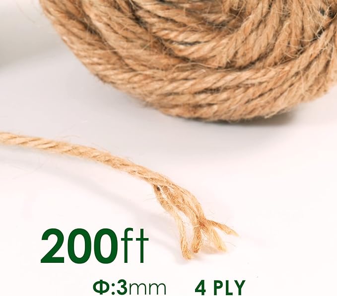 Garden Twine Natural Jute Twine 200 Feet 3mm 4ply Twine String for Climbing Plants Gardening Crafts Gifts Wrapping Decoration Bundling Packing String