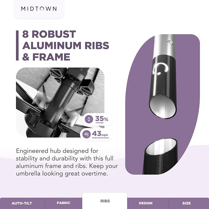 Midtown Umbrellas - 10-Year-No-Fade 6 Ft Patio Umbrella with Terylast Fabric, Auto-Tilt Aluminum Frame and 8 Reinforced Ribs for Deck, Pool, Garden & Beach - Apple Red Canopy, Black Pole