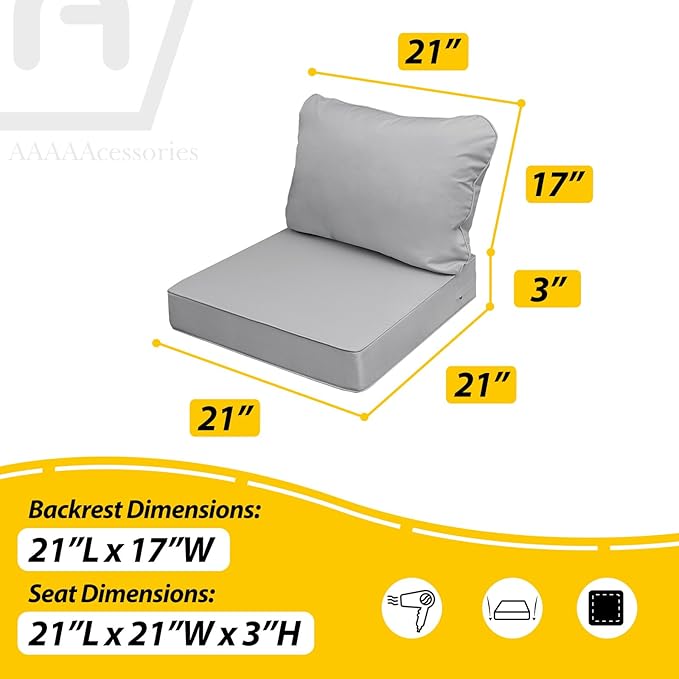 AAAAAcessories Outdoor Seat Cushions for Chairs, Fade-Resistant, Waterproof Patio Furniture Replacement Cushions, 21" x 21" x 3" + 21" x 17", Gray