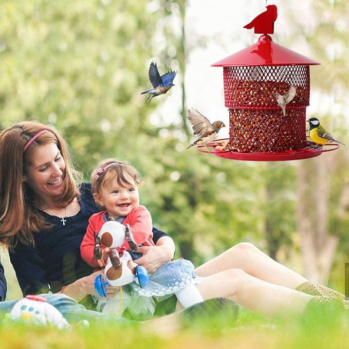 Metal Bird Feeder for Outside Hanging, Bird Feeders Squirrel Proof, 4 Lbs Large Capacity Tube Iron Mesh Wild Birdfeeder for Outdoor Finch Cardinal Chickadees Blue Jay -Red