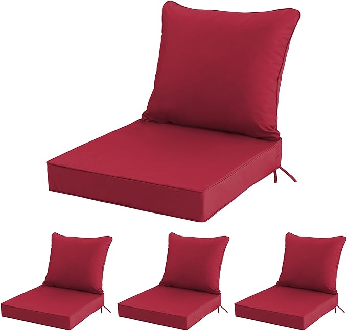24x24 Inch Outdoor Chair Cushions Set of 4, Patio Furniture Cushions - Removable Cover, Water-Repellent, Fade-Resistant, Non-Slip Bottom & Straps, Replacement for Deep Seat Sofa & Couch - Burgundy
