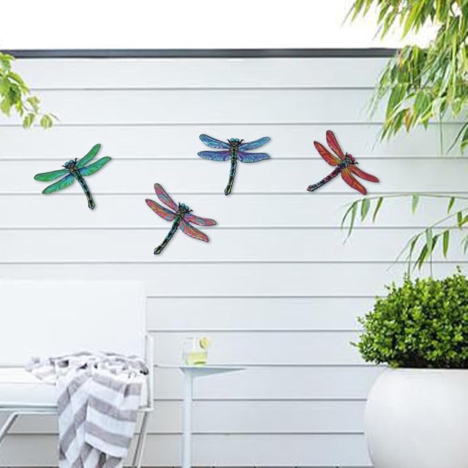 dreamskip Metal Dragonfly Wall Decor Art, 4 Pack Colorful Metal Dragonflies Outdoor Wall Art, Hand Painted Outdoor Wall Decor For Garden, Yard, Fence, Patio, Outside, Living Room Decoration