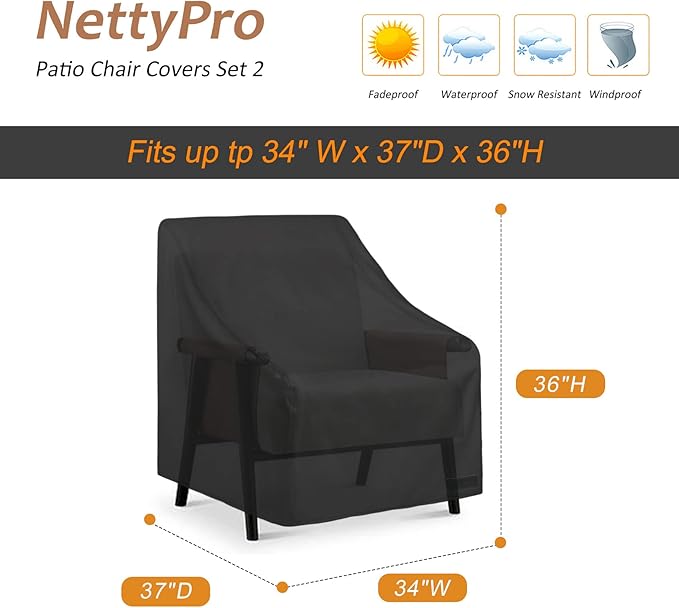 NettyPro Patio Adirondack Chair Covers Waterproof Outdoor Furniture Swivel Recliner Rocking Lounge Deep Seat Chair Cover, Fits up to 34"W x 37"D x 36"H, 2 Pack, Black