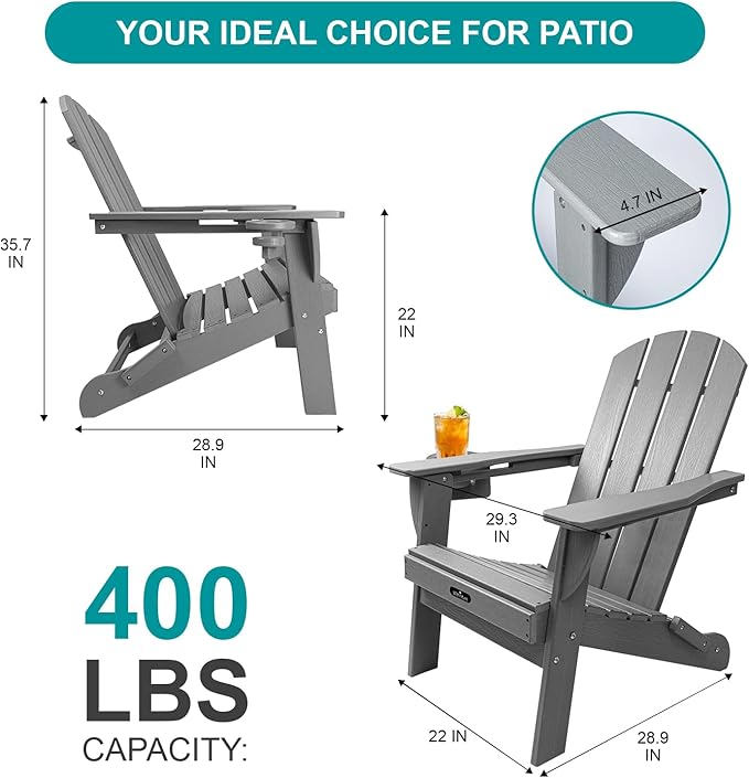 Folding Adirondack Chairs, Modern Plastic Adirondack Chair, All-Weather HDPE Fire Pit Chairs