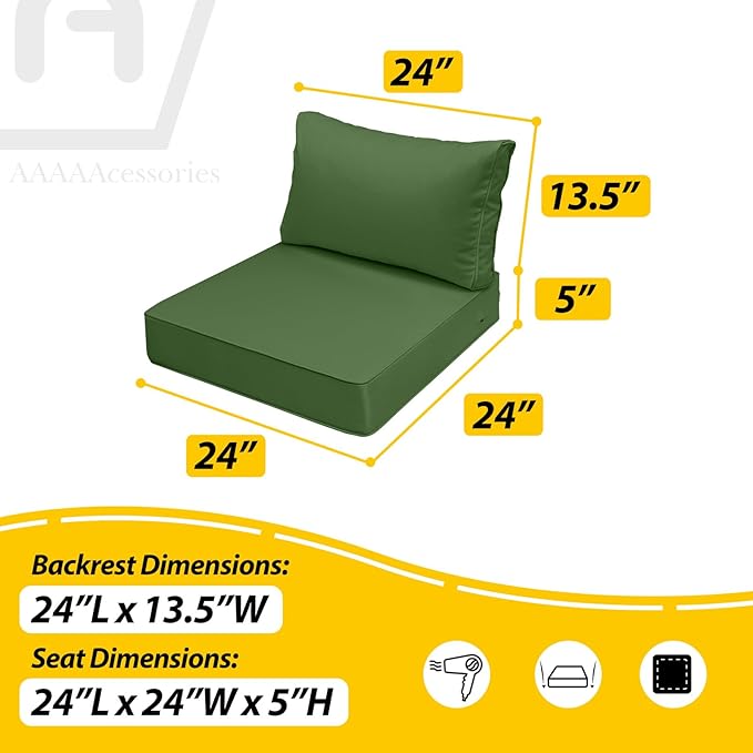 AAAAAcessories Outdoor Deep Seat Cushions, Waterproof, Fade-Resistant Patio Furniture Replacement Cushions, 24" x 24" x 5" + 24" x 13.5", Set of 4, Dark Moss Green