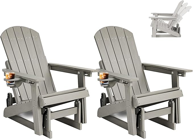 3-Position Adjustable Adirondack Chair with Cup Holder Set of 2, HDPE All-Weather Outdoor Glider Chair, Wood-Grain Fire Pit Chairs for Pool, Yard, Deck (Grey)