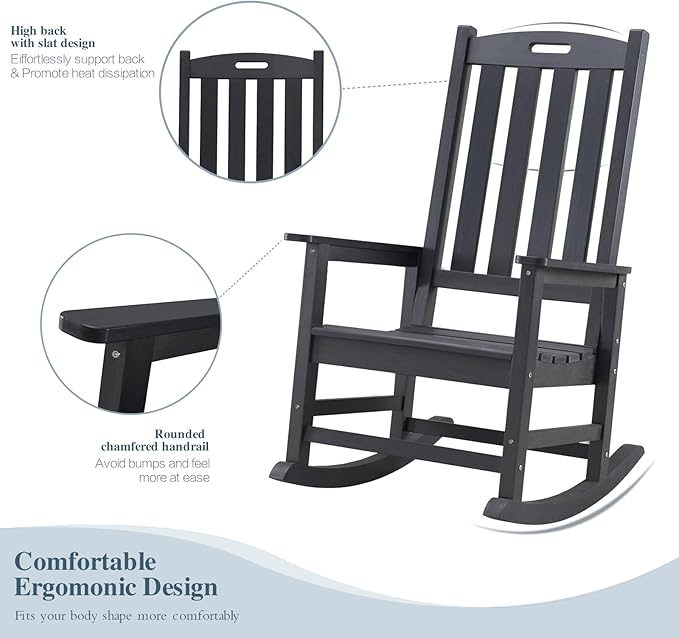 Psilvam Oversized Outdoor Rocking Chair Set of 2, Porch Rocker with 21" Wide Seat and 32" Tall Backrest, Pre-Assembled with Most Components for Effortless Installation (Carbon Black)