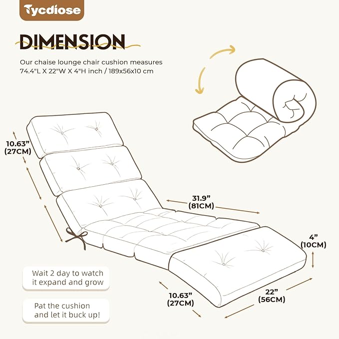 All Weather Chaise Lounge Cushions Outdoor Lounge Chair Cushion, Waterproof Chaise Lounger Chair Cushion Replacement for Outdoor Patio Furniture with Non-Slip Back and Ties, Grey