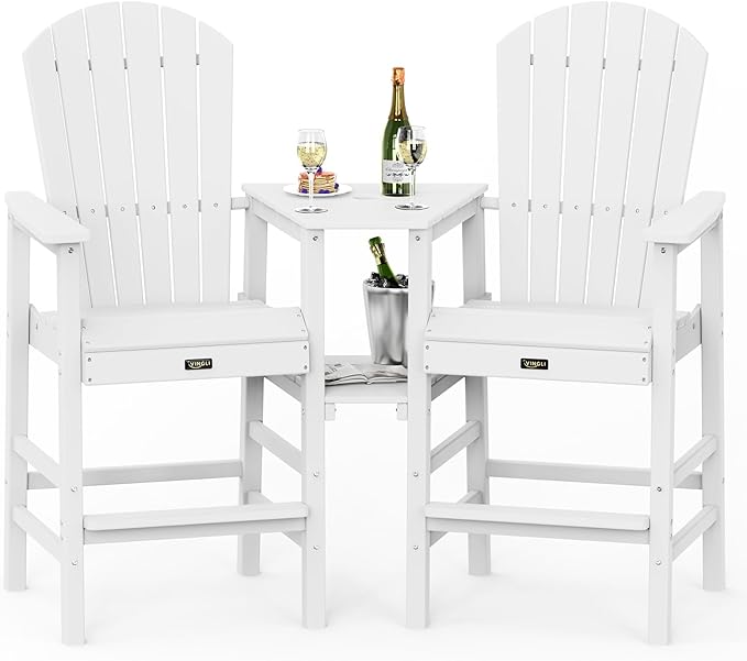 VINGLI Tall Adirondack Chairs Set of 2 with Dual Trays, All-Weather HDPE Outdoor BarStools Poly Deck Chairs for Patio, Poolside and Balcony (White)