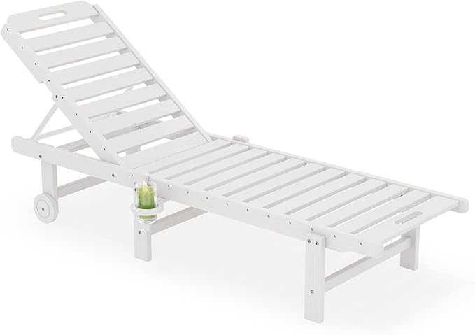 SERWALL Outdoor Chaise Lounge Chair, Pool Lounge Chair with 5 Positions Adjustable Backrest, HDPE Lounger with Rolling Wheels & Cup Holder for Poolside, Beach, Garden, White