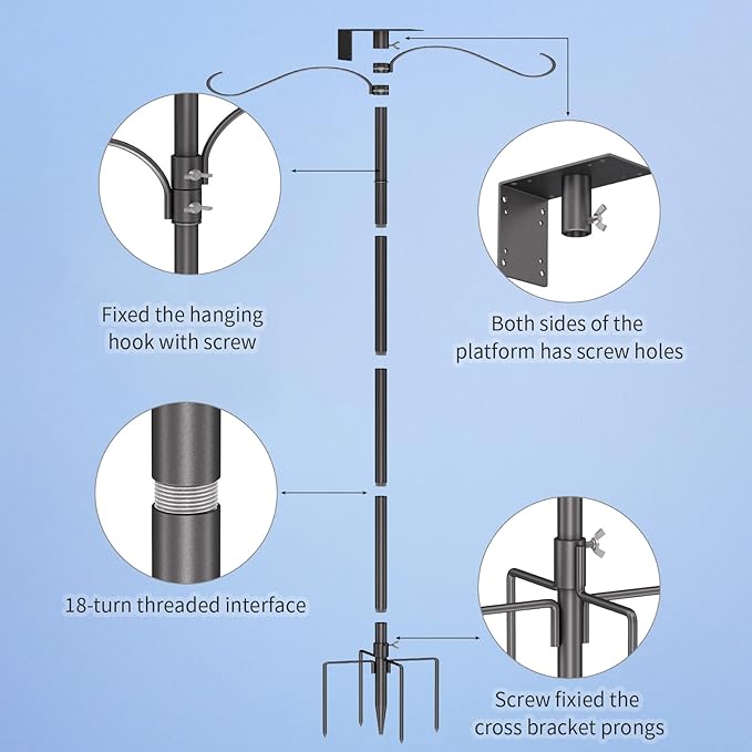 Bird House Pole Kit 80inch - Universal Metal Bird Feeders Pole Mount Set with 5-Prongs Base and 2 Hanging Arms, Feeding Station for Watching, Plant Hanger