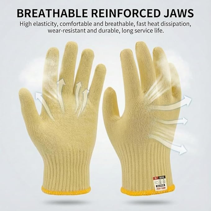 Aramid Fiber Heat & Cut Resistant Work Gloves, High Temp Safety Hand Protection for Industrial Metalworking, Glass Handling, Kitchen Cooking & Wood Carving - Breathable Knit（S，2 Pairs）