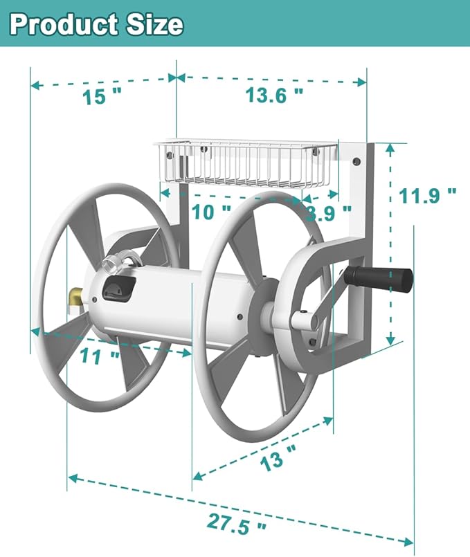 Garden Wall Mounted Hose Reel, Outdoor Heavy-Duty Water Hose Holder Winder, Holds 125 Feet of 5/8-Inch Hose, with 3.9 ft Leader Hose, Brass Fitting and Storage Basket for Yard, White