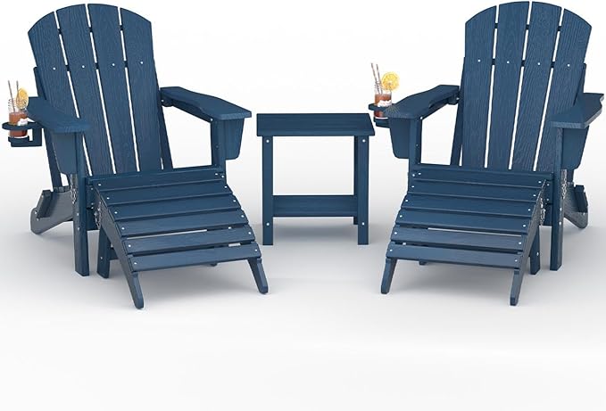 Folding Adirondack Chair Set of 5, All-Weather HDPE Outdoor Chair, Wooden Textured with Cup Holder for patios, Decks, Gardens, fire pits, Navy Blue