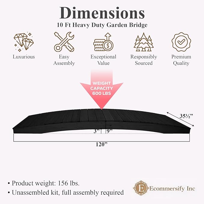 10 FT BLACK Amish Made Pinewood Heavy Duty Garden Bridge for Walkway, Backyard Pond & Landscaping, Outdoor Wooden Footbridge for Koi Pond, Japanese Style Decorative Bridge, Made in USA