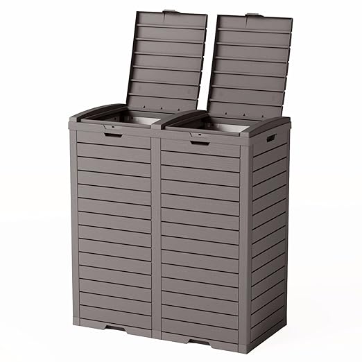62 Gallon Outdoor Double Trash Can, Waterproof Trash Can Cabinet for Outside, Resin Garbage Bin with Lid and Drip Tray for Easy Cleaning for Patios, Kitchens, and Outdoor Entertaining（Light Gray）