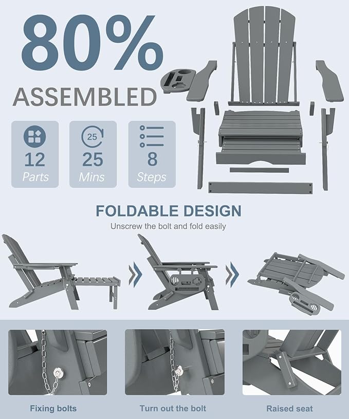 Adjustable Adirondack Chair with Retractable Ottoman, HDPE Folding Adirondack Chair with Cup Holder, All Weather Fire Pit Chair for Outdoor.
