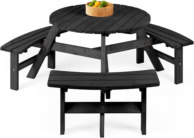 Best Choice Products 6-Person Circular Outdoor Wooden Picnic Table for Patio, Backyard, Garden, DIY w/ 3 Built-in Benches, 500lb Capacity - Black
