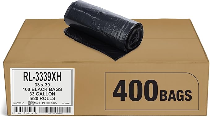 Aluf Plastics 33 Gallon Trash Can Liners (400 Count) - 33" x 39" - Thick 1.5 MIL Equivalent Black Trash Bags for Bathroom, Kitchen, Office, Industrial, Commercial, Recycling and More
