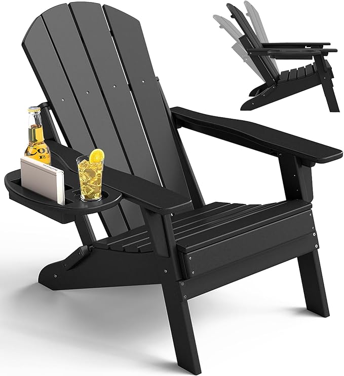Adjustable Adirondack Chair with Cup Holder, All Weather HDPE Fire Pit Chairs for Deck, Backyard, Patio, Black