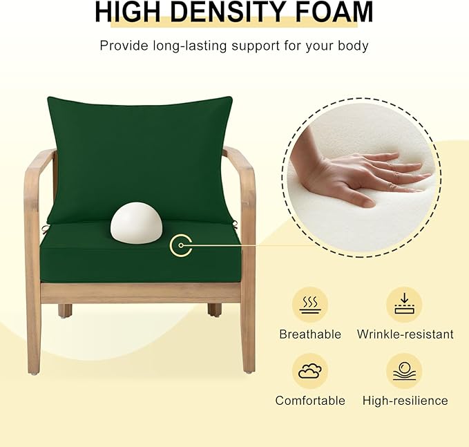 downluxe Outdoor Chair Cushions 24x24 with Removable Cover, Waterproof Patio Furniture Cushions, Deep Seat Cushions for Outdoor Furniture with Backrest for Sofa, Couch and Patio Chairs, Forest Green