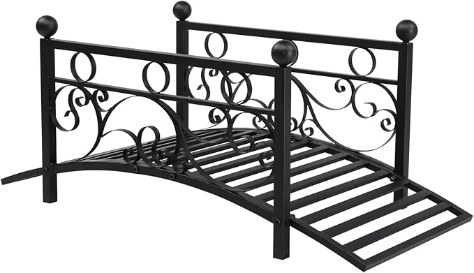 Outdoor Metal Arch Garden Bridge with Safety Siderails, Decorative Footbridge, Delicate Scrollwork & Corner Spheres for Stream