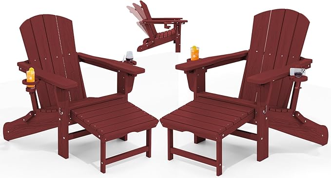 KINGYES Folding Adjustable Adirondack Chair with Ottoman & 2 Cup Holders Set of 2, HDPE Recliner Adirondack Chair with Footrest, Red
