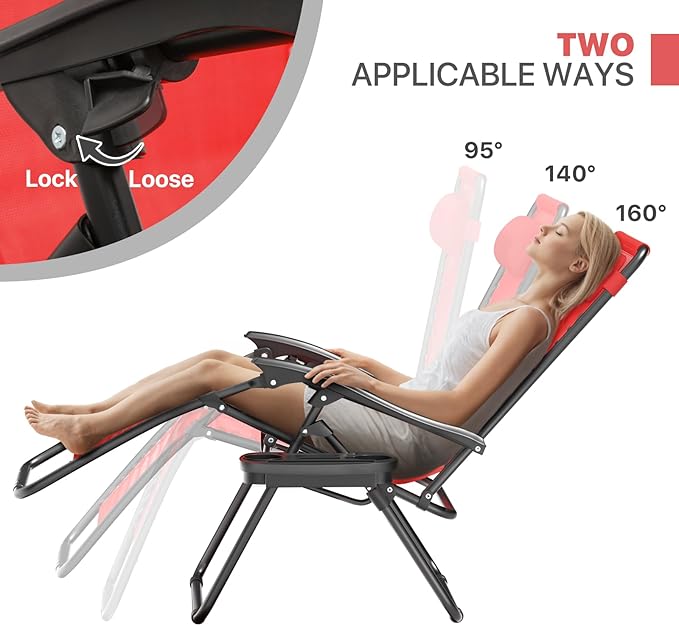 Magshion Zero Gravity Lounge Chairs Set of 2, Outdoor Patio Reclining Chair with Side Tray, Adjustable Anti-Gravity Recliners with Pillow Headrest, Folding Lounger for Lawn Camping Beach, Red